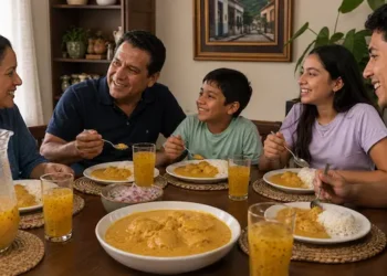 Familia peruana almorzando un rico pepián de choclo y con refresco de maracuyá