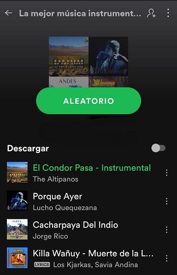 Imagen lista de la app de spotify, en el post sobre música instrumental andina para trabajar.